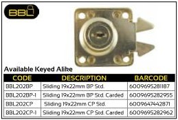 BBL Cupboard Locks Sliding 19x22mm