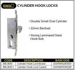 BBL Cylinder Hook Locks 22mm Backset